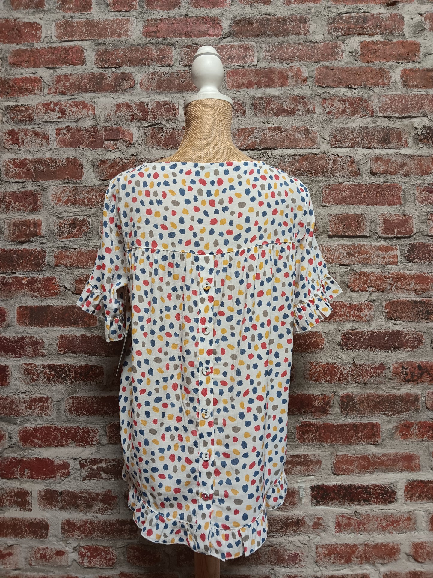 Short Sleeve Multicolored Dot Print Ruffle On Sleeve Top