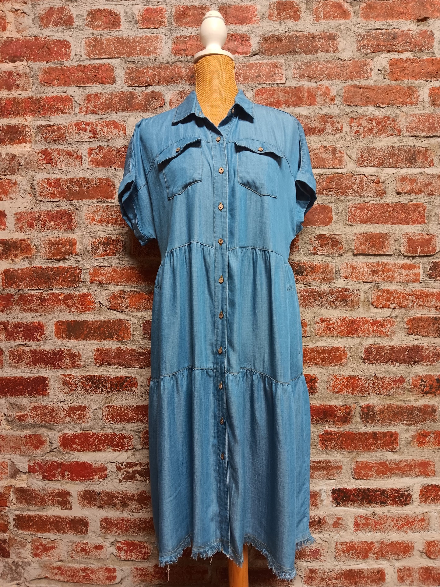 Washed Denim Tiered Bodice Pocket Shirt Dress