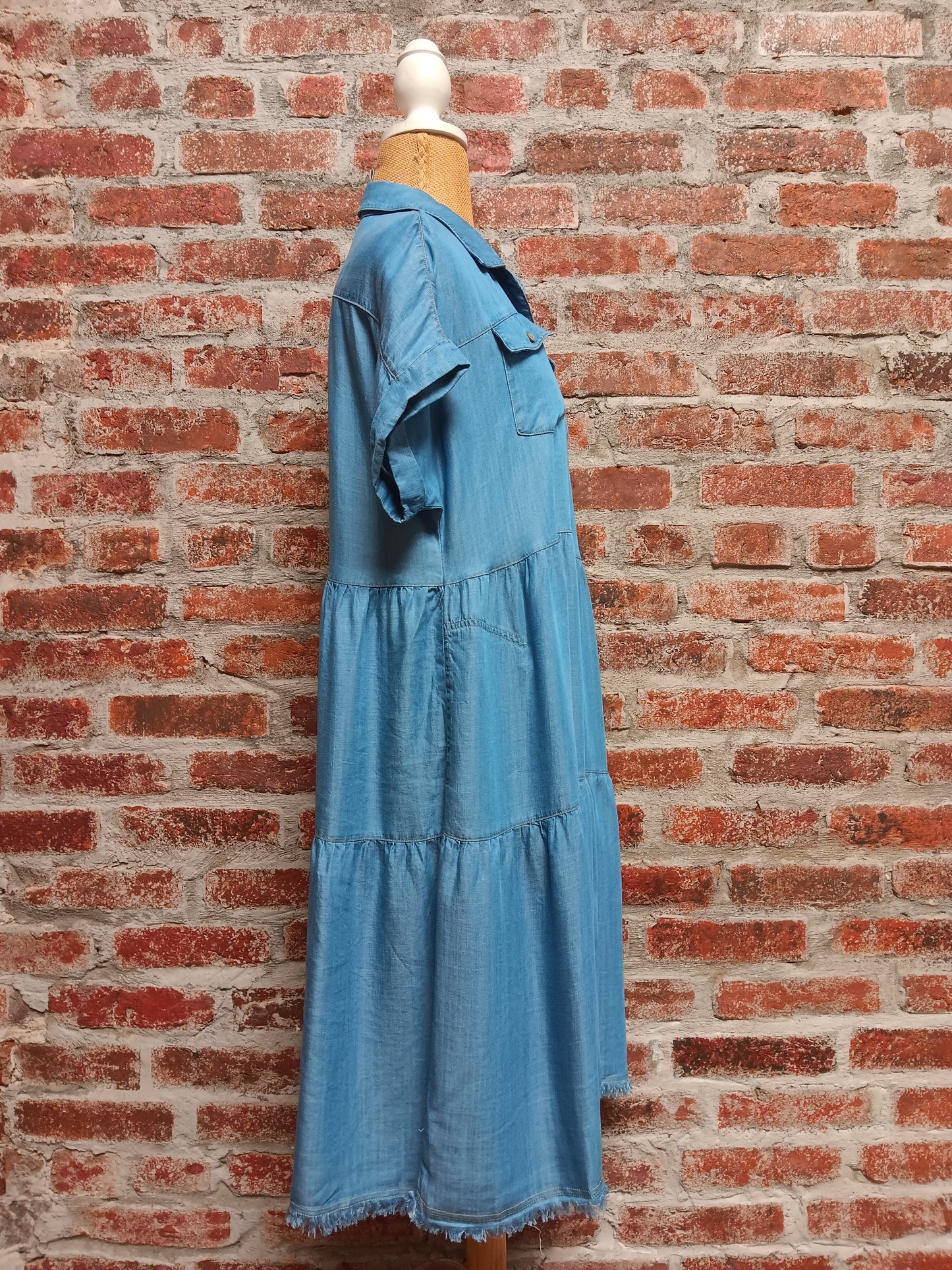 Washed Denim Tiered Bodice Pocket Shirt Dress