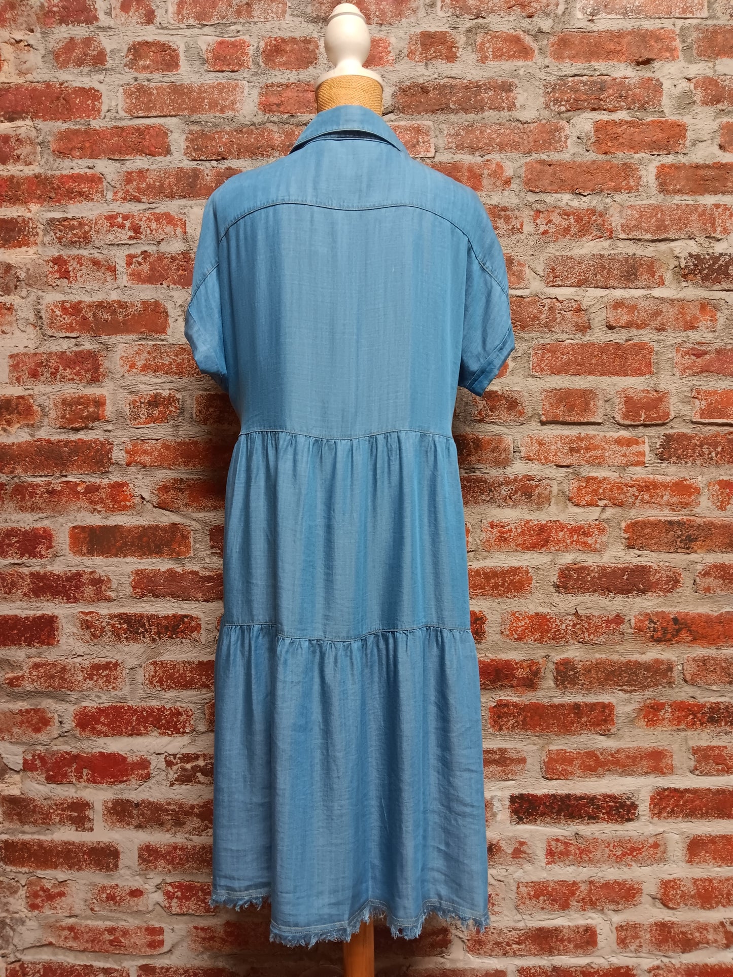 Washed Denim Tiered Bodice Pocket Shirt Dress
