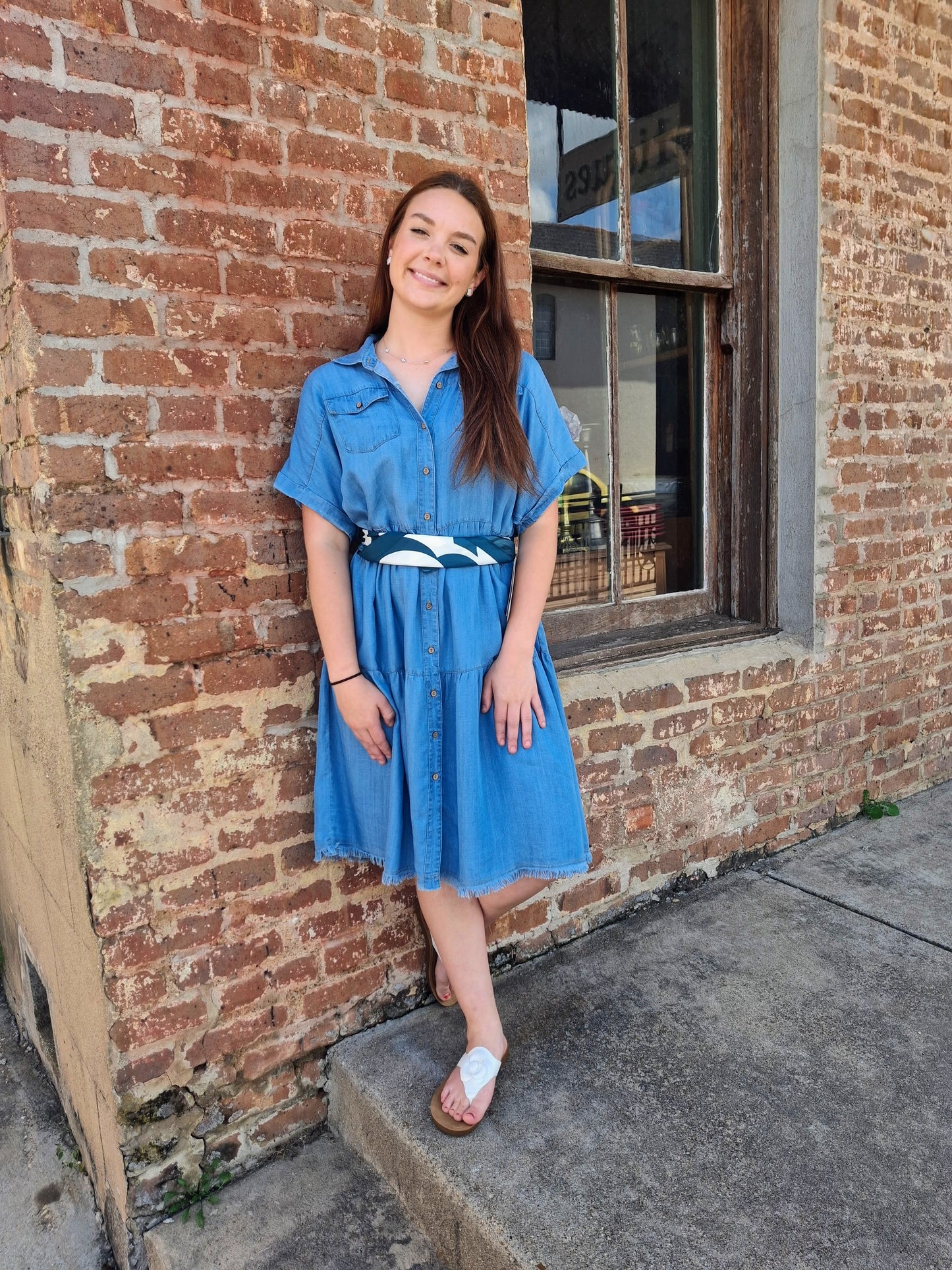 Washed Denim Tiered Bodice Pocket Shirt Dress