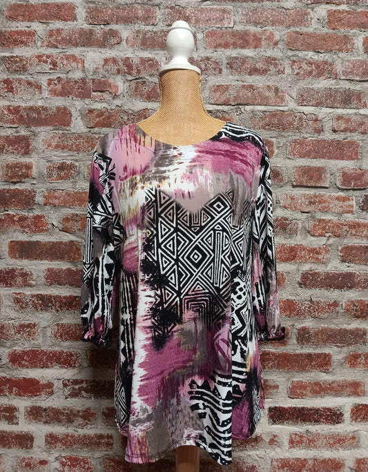 Burgundy Black Geometric Print Pull On Top