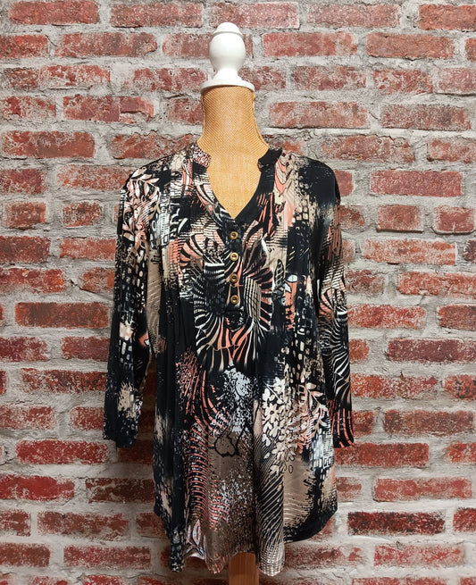 Brown Black Small Floral Leaf Print 3/4 Sleeve