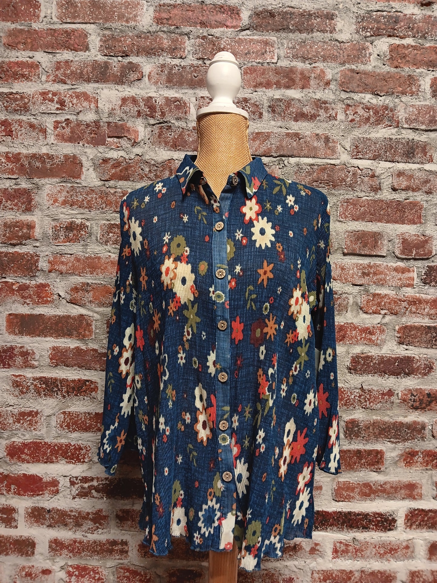 Blue/Red Daisy Print Ruched Top