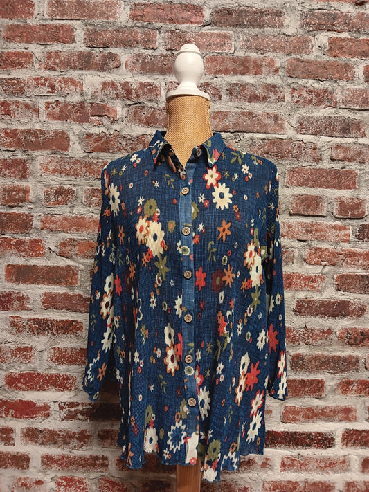 Blue/Red Daisy Print Ruched Top