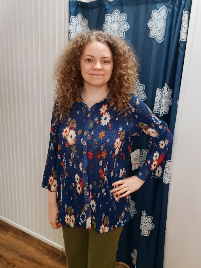 Blue/Red Daisy Print Ruched Top
