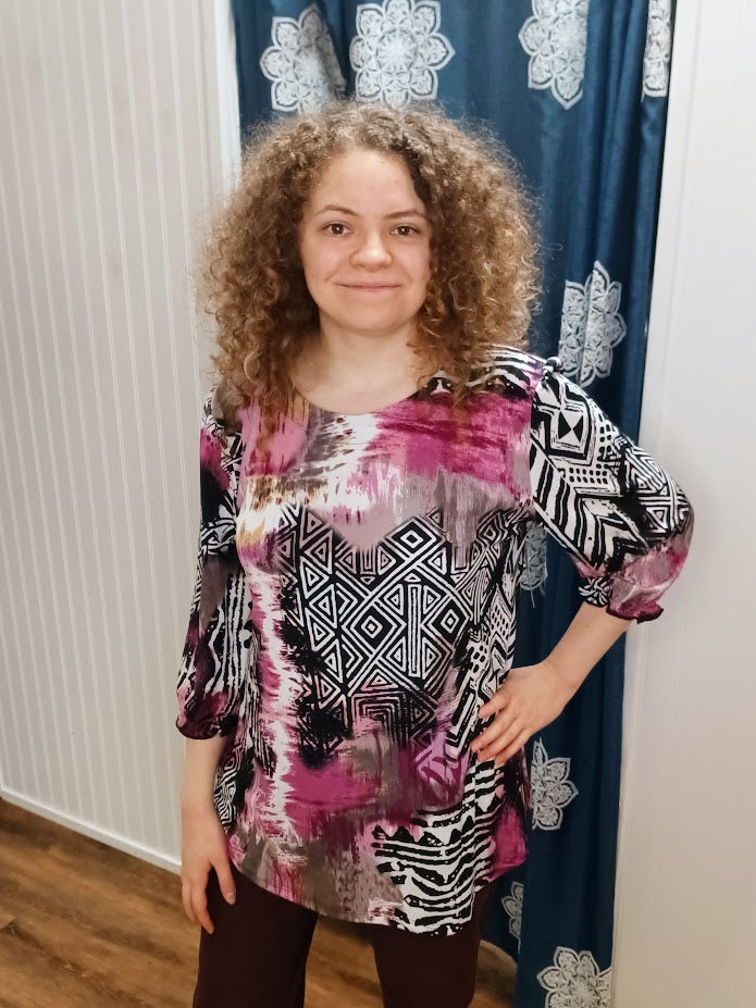 Burgundy Black Geometric Print Pull On Top
