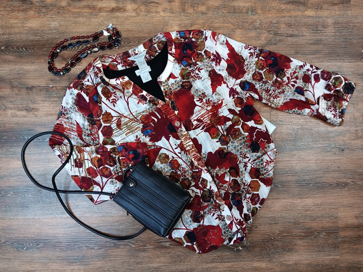 Port/Cream Button Up 3/4 Cuffed Sleeve Top