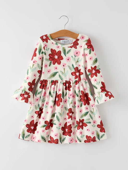 Christmas Girls Long Sleeve Floral Dress