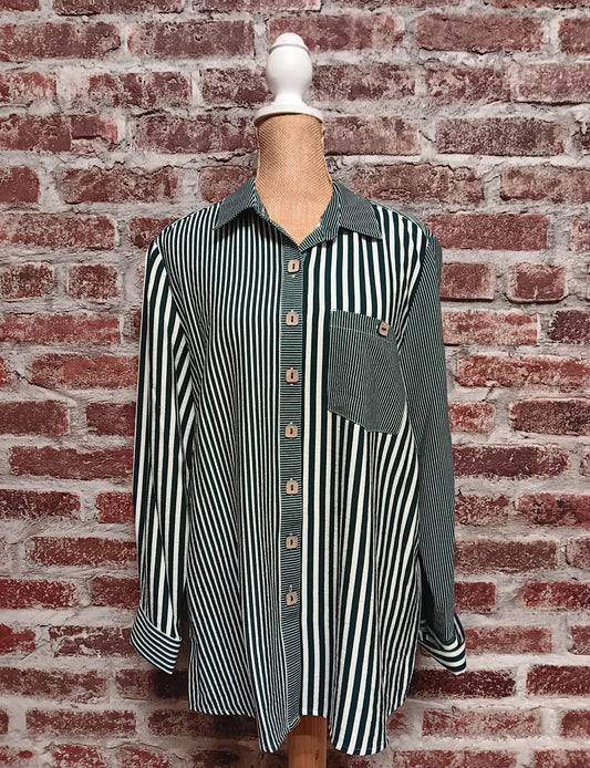 Striped Dark Green L/S Button Up Shirt