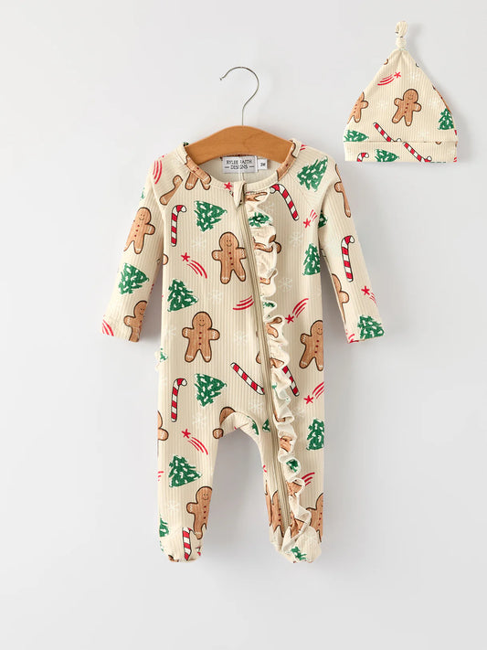 Christmas Girls Gingerbread Romper with Nightcap