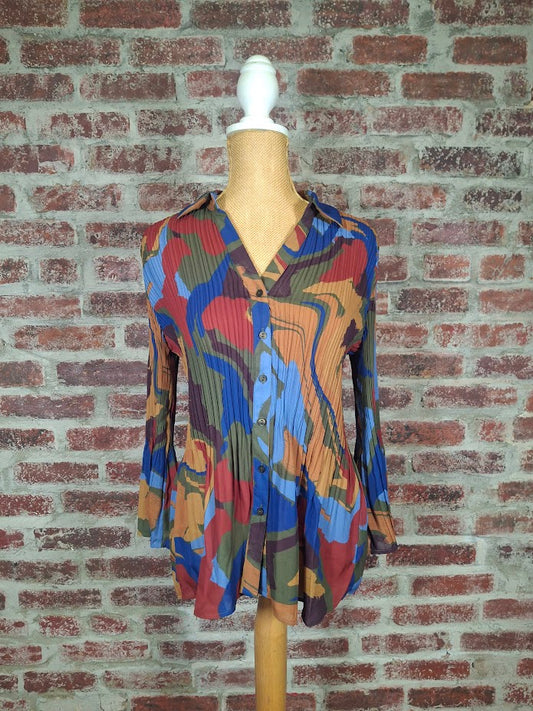 Multicolored Abstract Button Up L/S Blouse