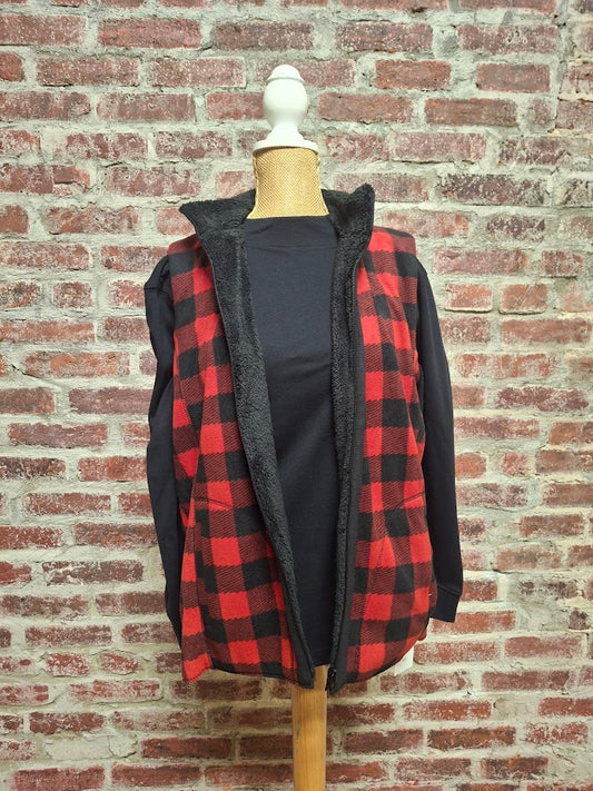 Red and Black Plaid Reversible Zip Up Vest