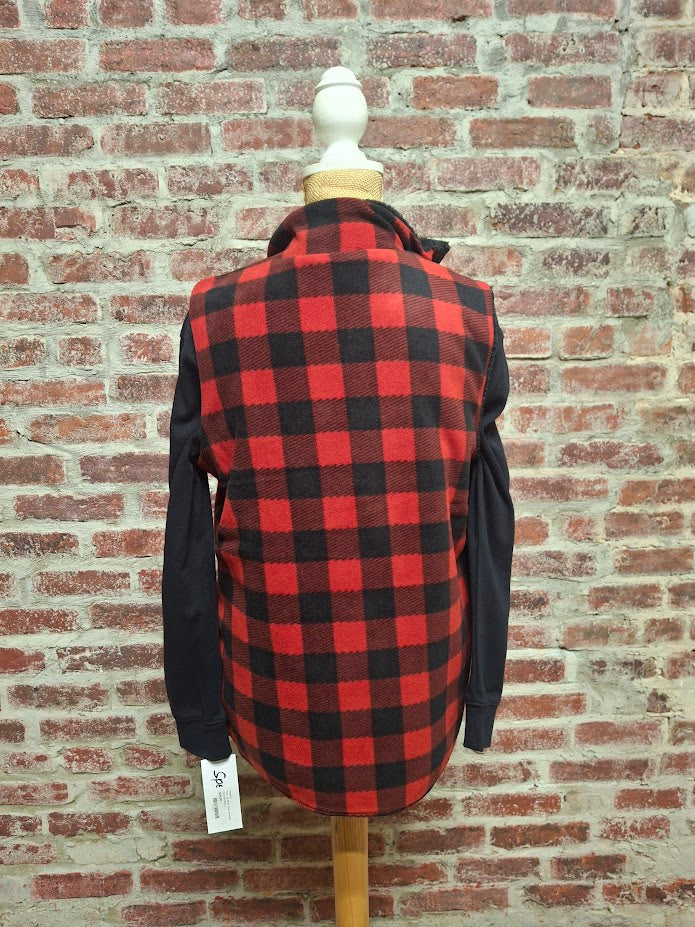 Red and Black Plaid Reversible Zip Up Vest