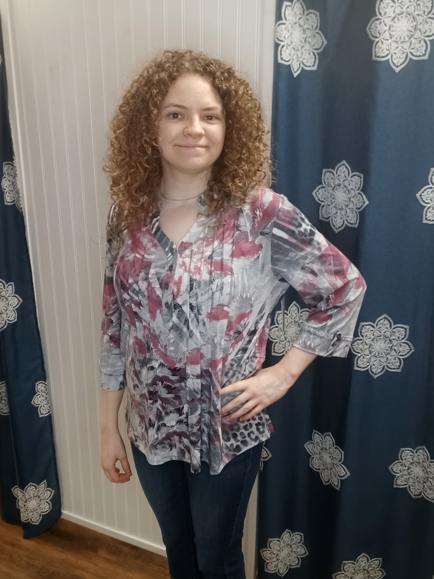 Rosetone Gray 3/4 Sleeve Plus Top
