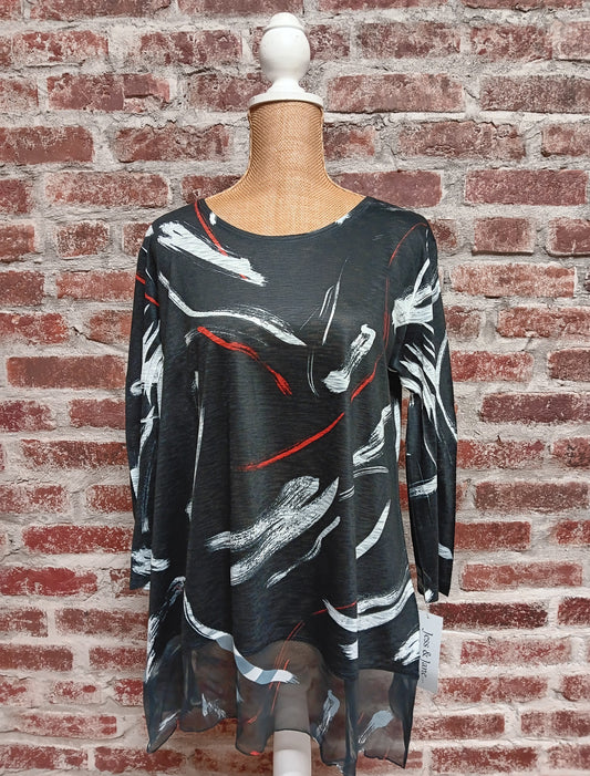 Black White Red Chiffon Hem Top