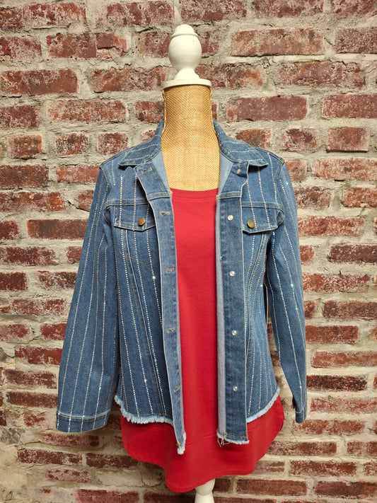 Rhinestone Studded Denim Jacket With Fray Hem