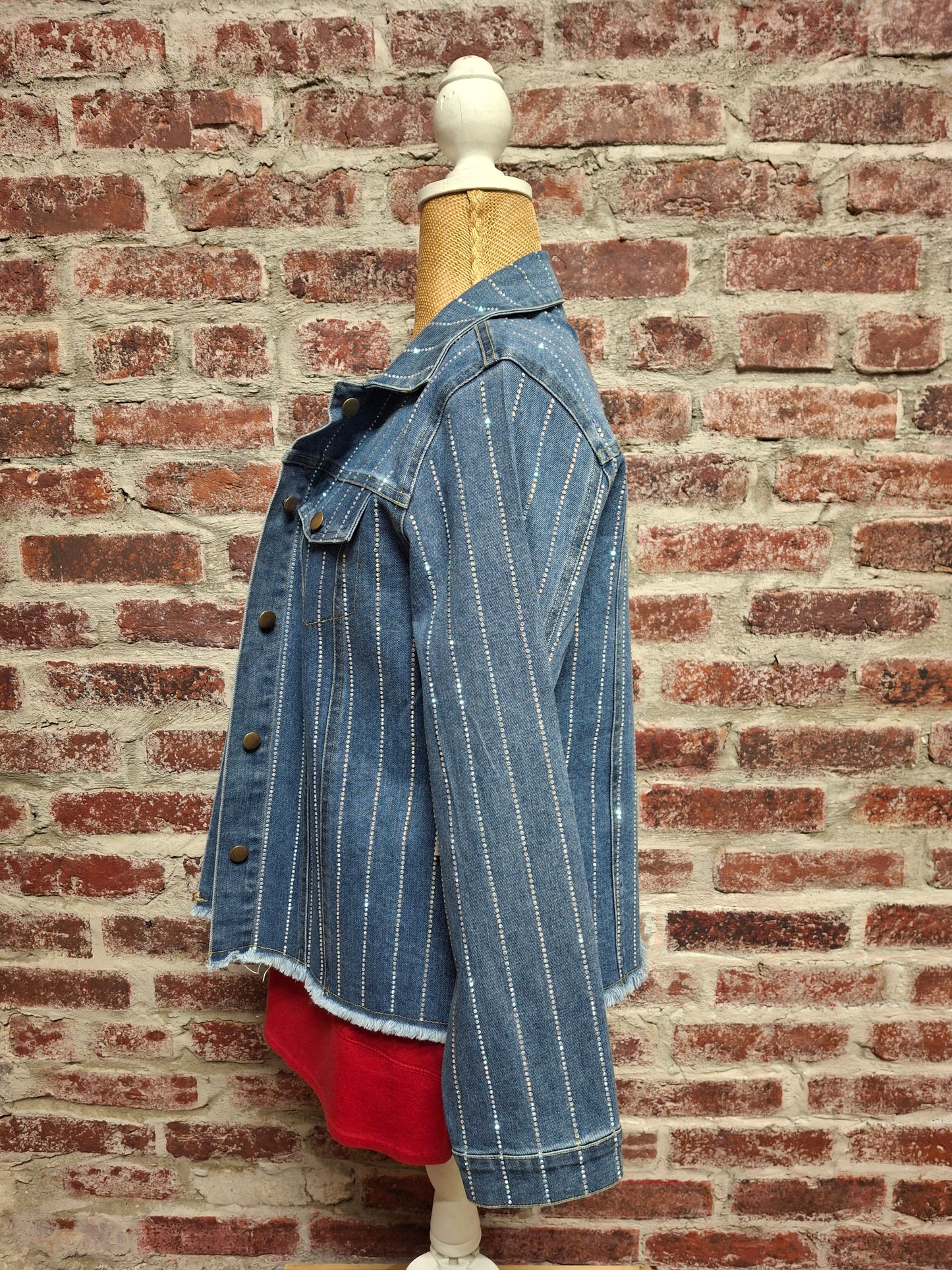 Rhinestone Studded Denim Jacket With Fray Hem