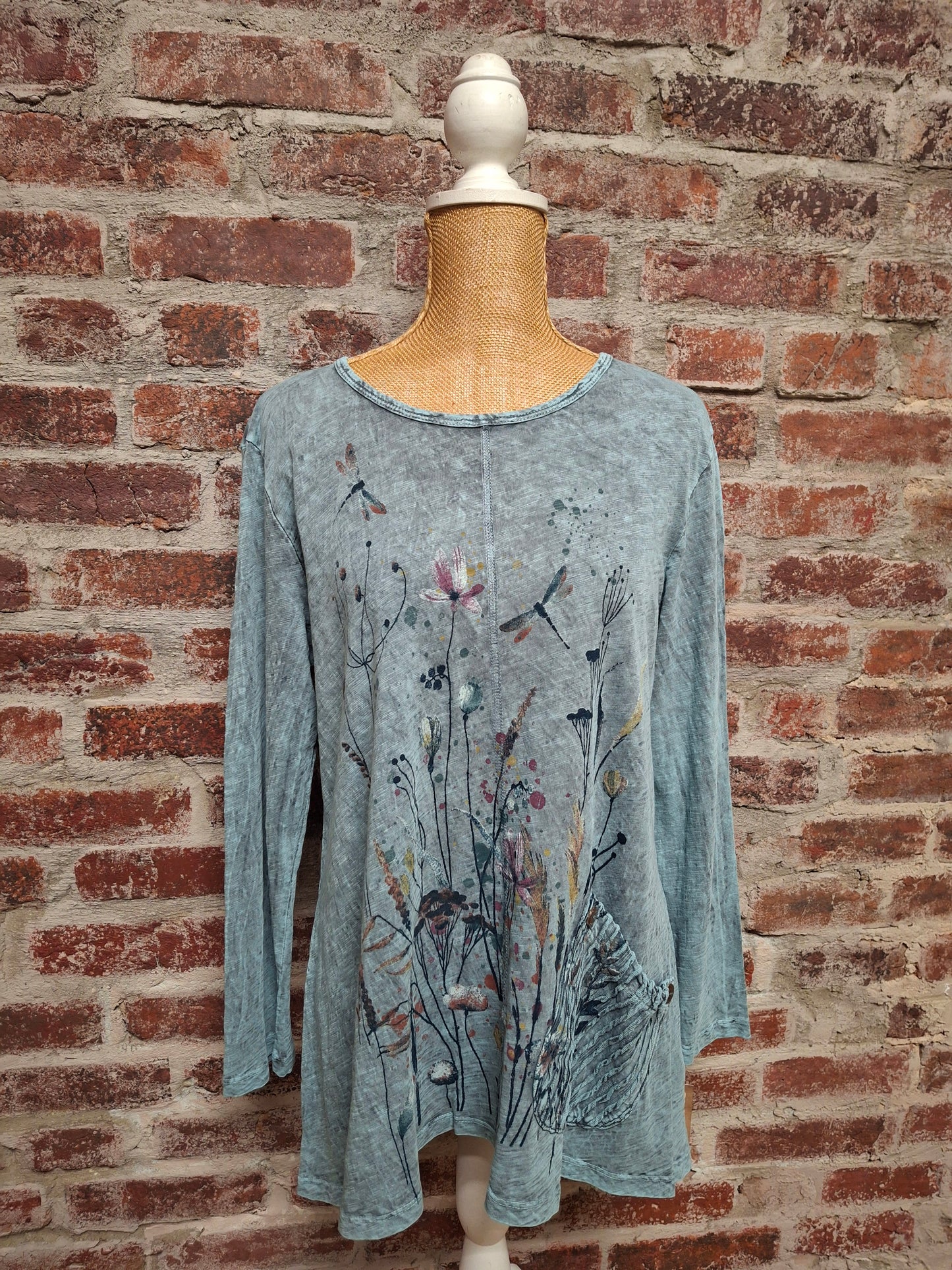 Teal Floral Front Seam Single Pocket Top