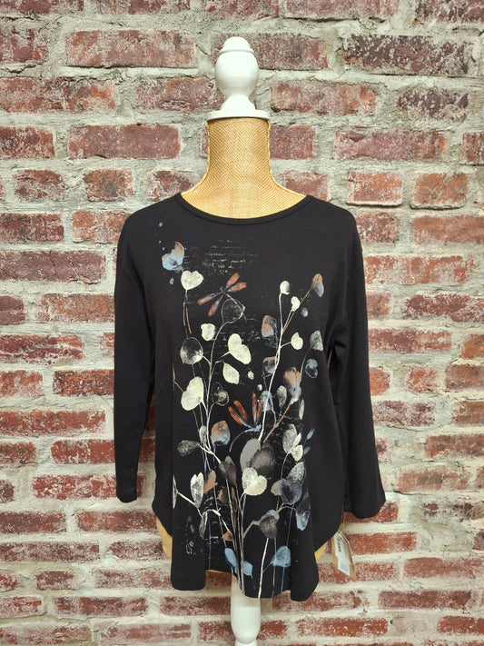 Jet Black Floral 3/4 Sleeve Tunic Top