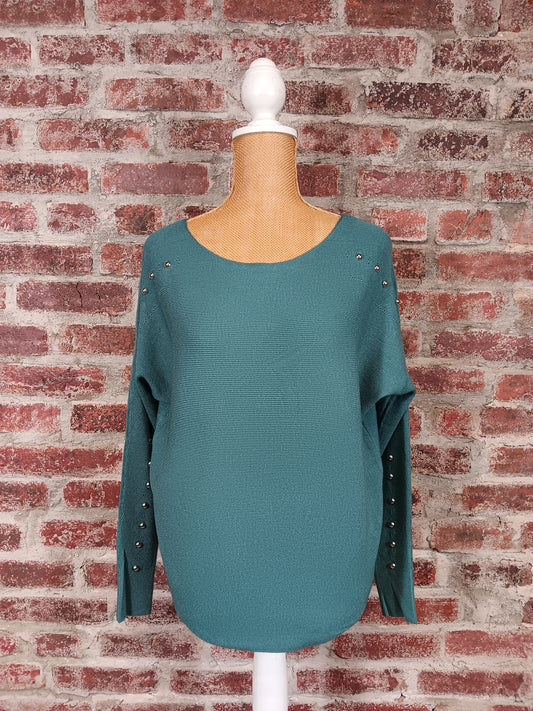 Peacock Pullover Sweater With Silver Studded Sleeve