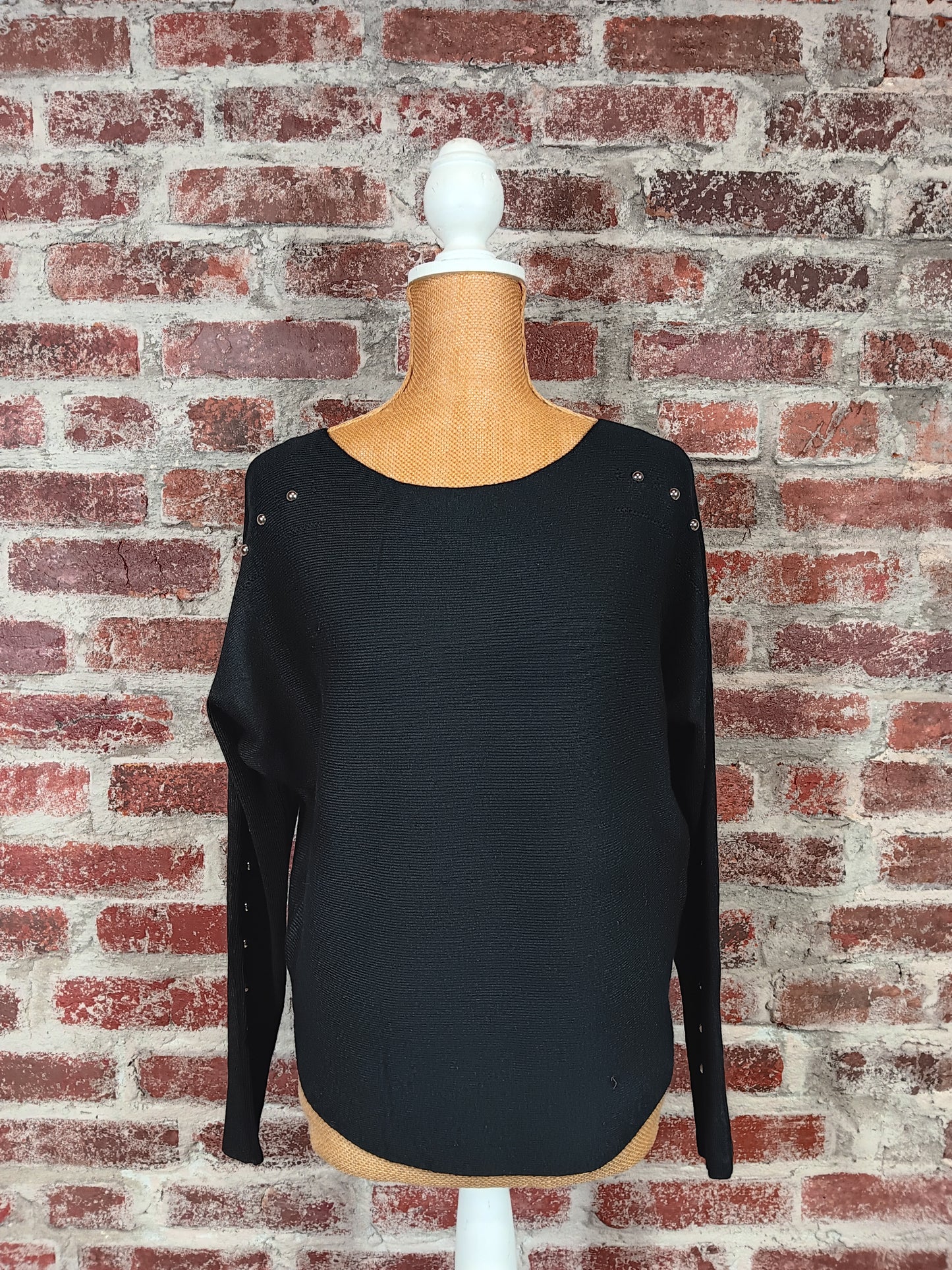 Black Pullover Sweater with Silver Studded Sleeve