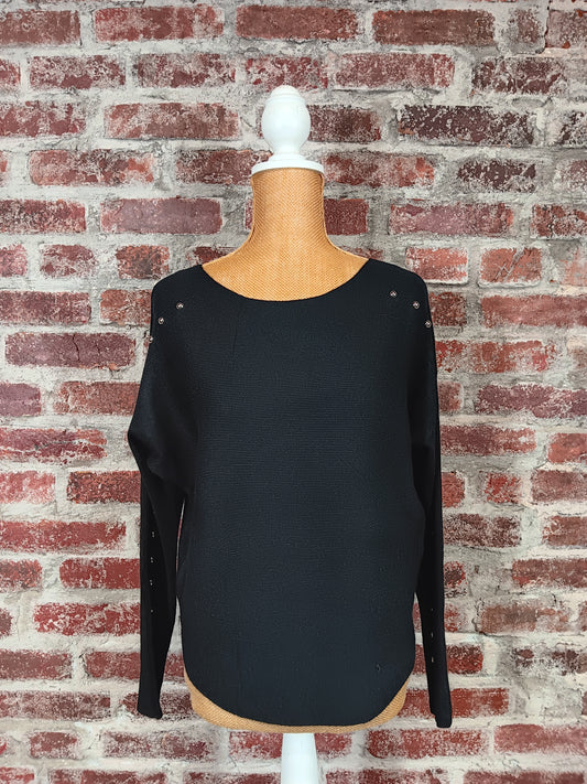 Black Pullover Sweater with Silver Studded Sleeve