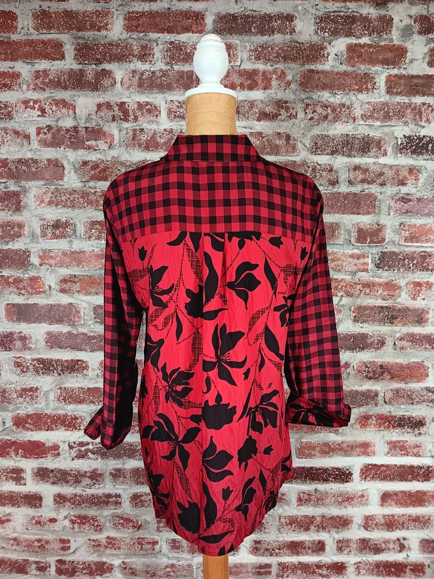 Crimson Plaid and Floral Button Up Shirt