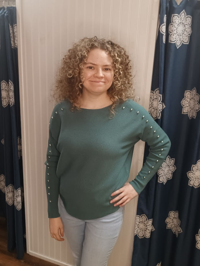 Peacock Pullover Sweater With Silver Studded Sleeve