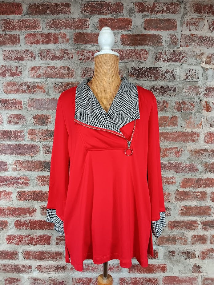 Red Banded Zip Collar And Cuff Top