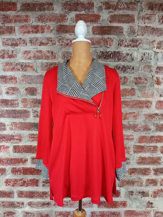 Red Banded Zip Collar And Cuff Top