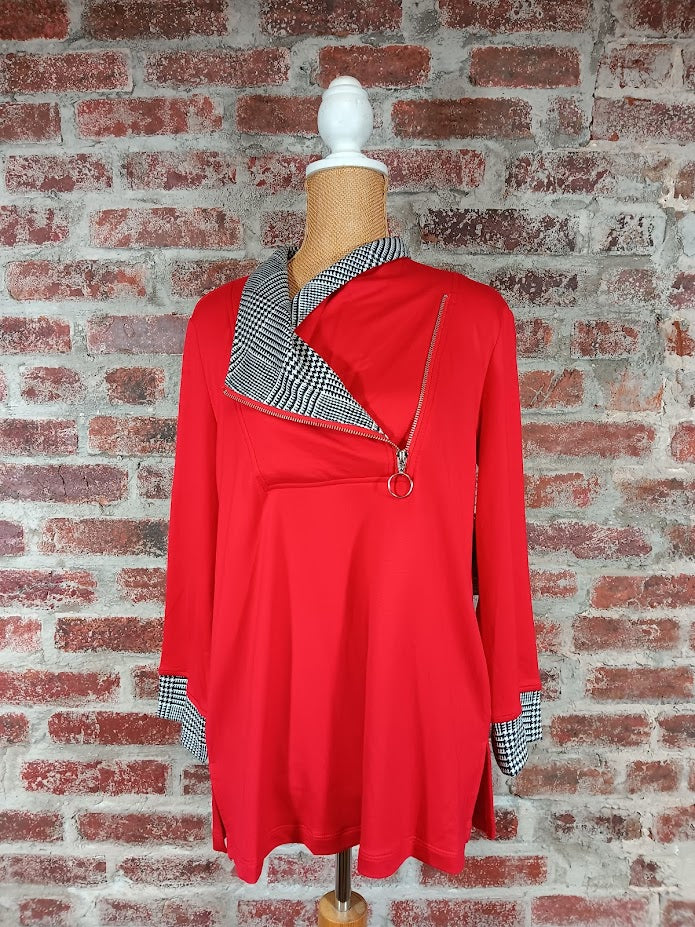 Red Banded Zip Collar And Cuff Top