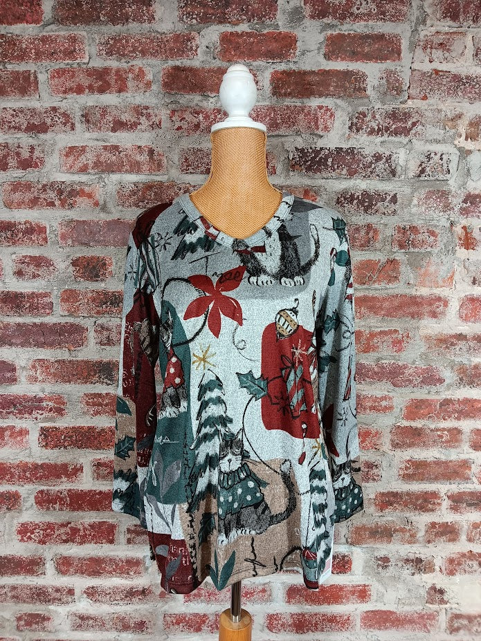 Gray L/S Christmas Cat Top