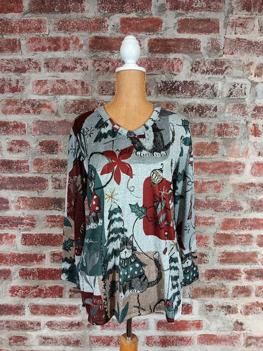 Gray L/S Christmas Cat Top