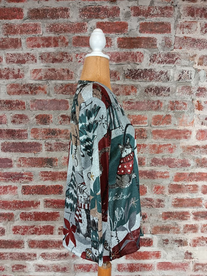 Gray L/S Christmas Cat Top