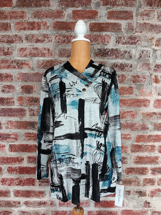 Gray and Blue Printed V-neck Top