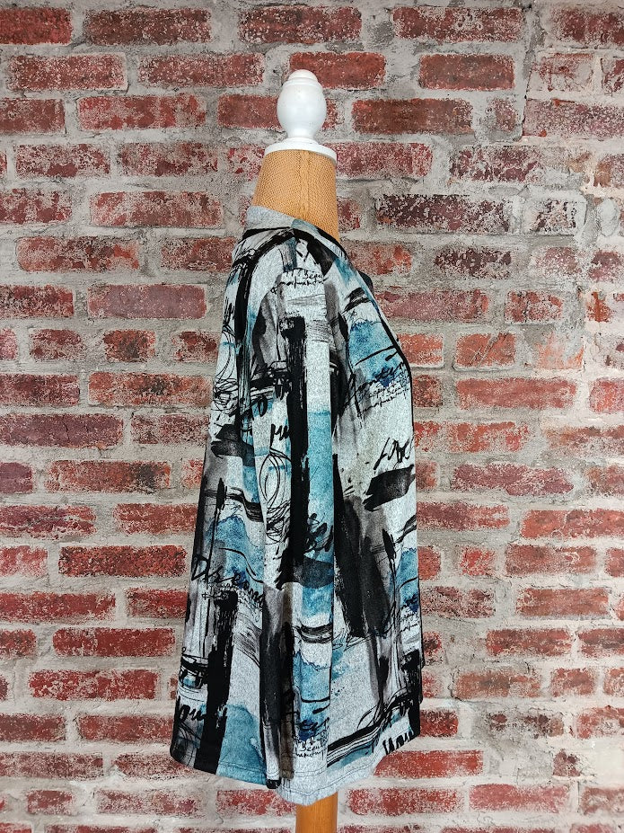 Gray and Blue Printed V-neck Top