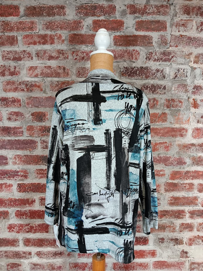 Gray and Blue Printed V-neck Top