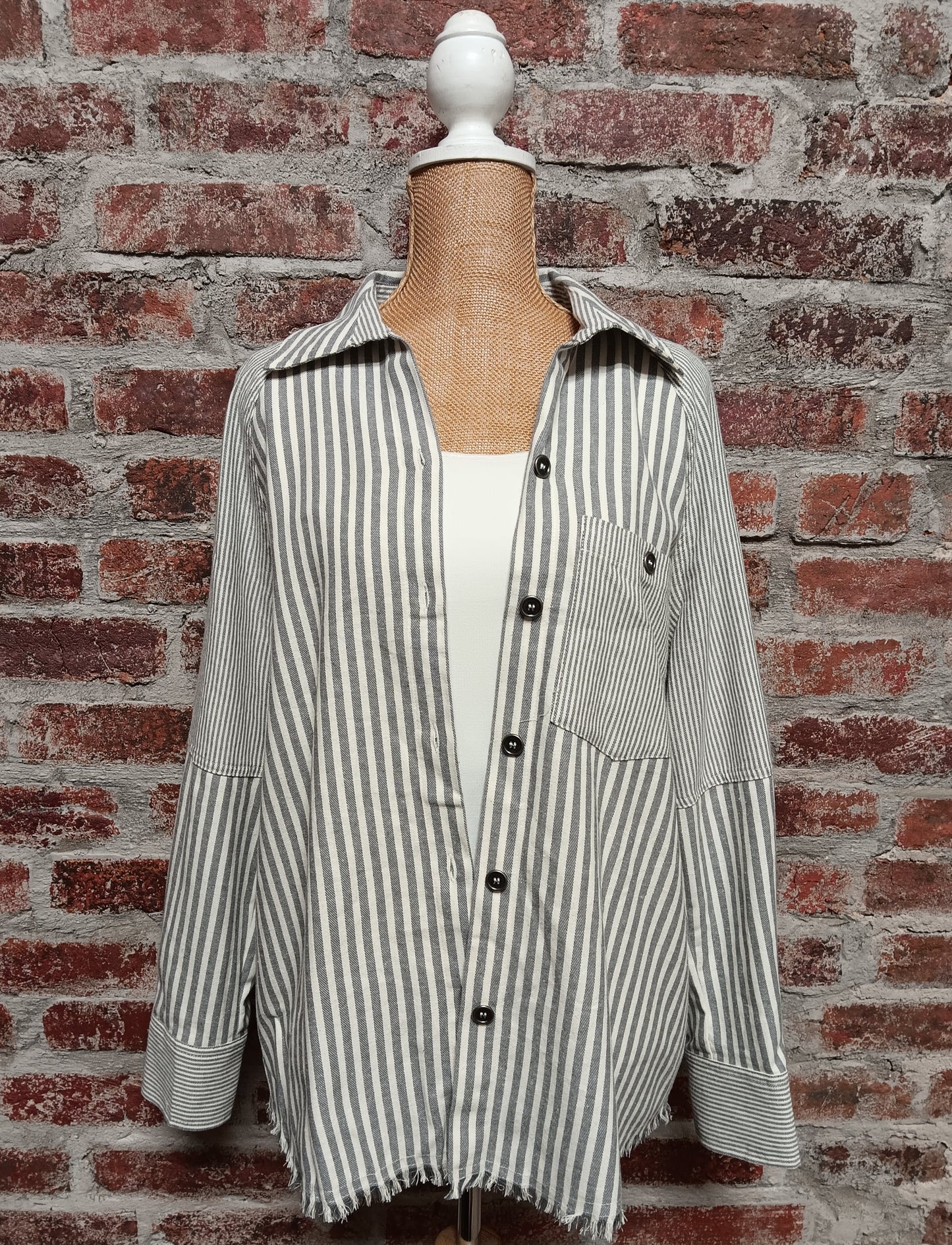 Granite Striped Long Sleeve Cuffed 1 Pocket Button Up Top