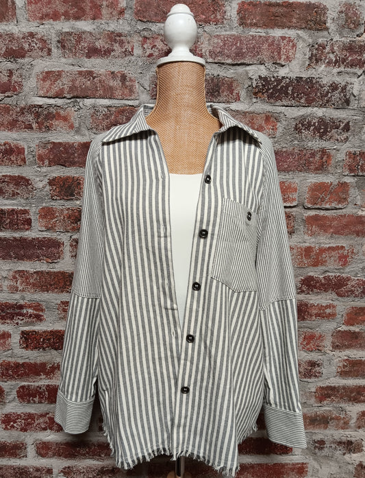 Granite Striped Long Sleeve Cuffed 1 Pocket Button Up Top