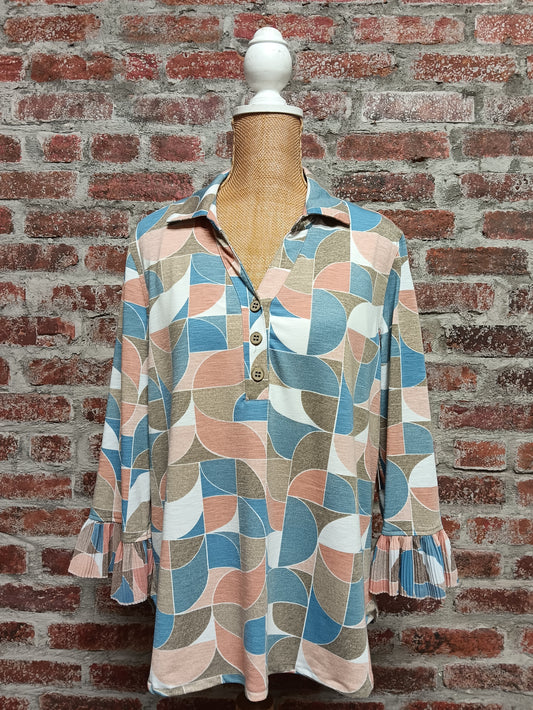 Peach and Blue Flounce Sleeve Top