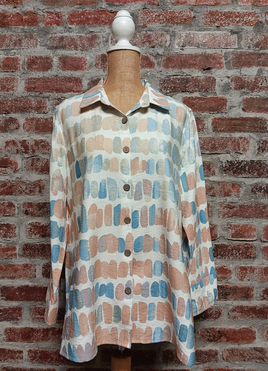Peach and Blue Cuff Sleeve Button Shirt