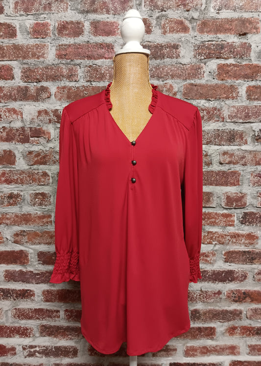 Red Solid Knit 3/4 Sleeve Faux Button Neck