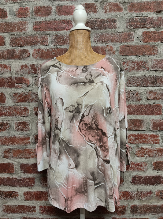 Peach/Khaki 3/4 Sleeve Top With Tie Sleeve Detail