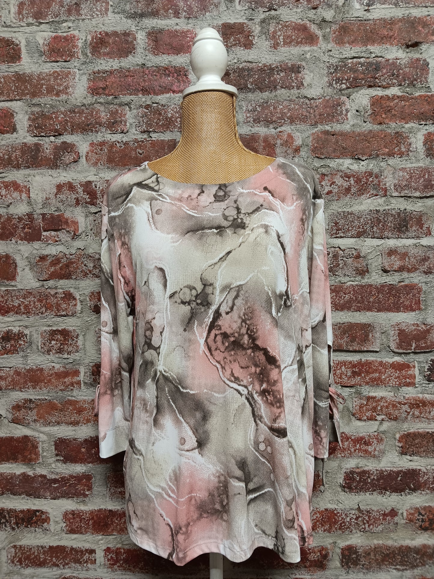 Peach/Khaki 3/4 Sleeve Top With Tie Sleeve Detail