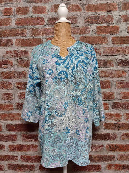 Blue Multicolor Floral Top 3/4 Sleeve Smocked Neckline