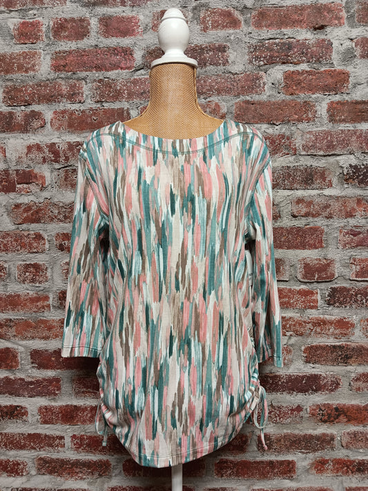 Beige/Pink/Teal Brush Stroke Print 3/4 Tie Up Sleeve Top