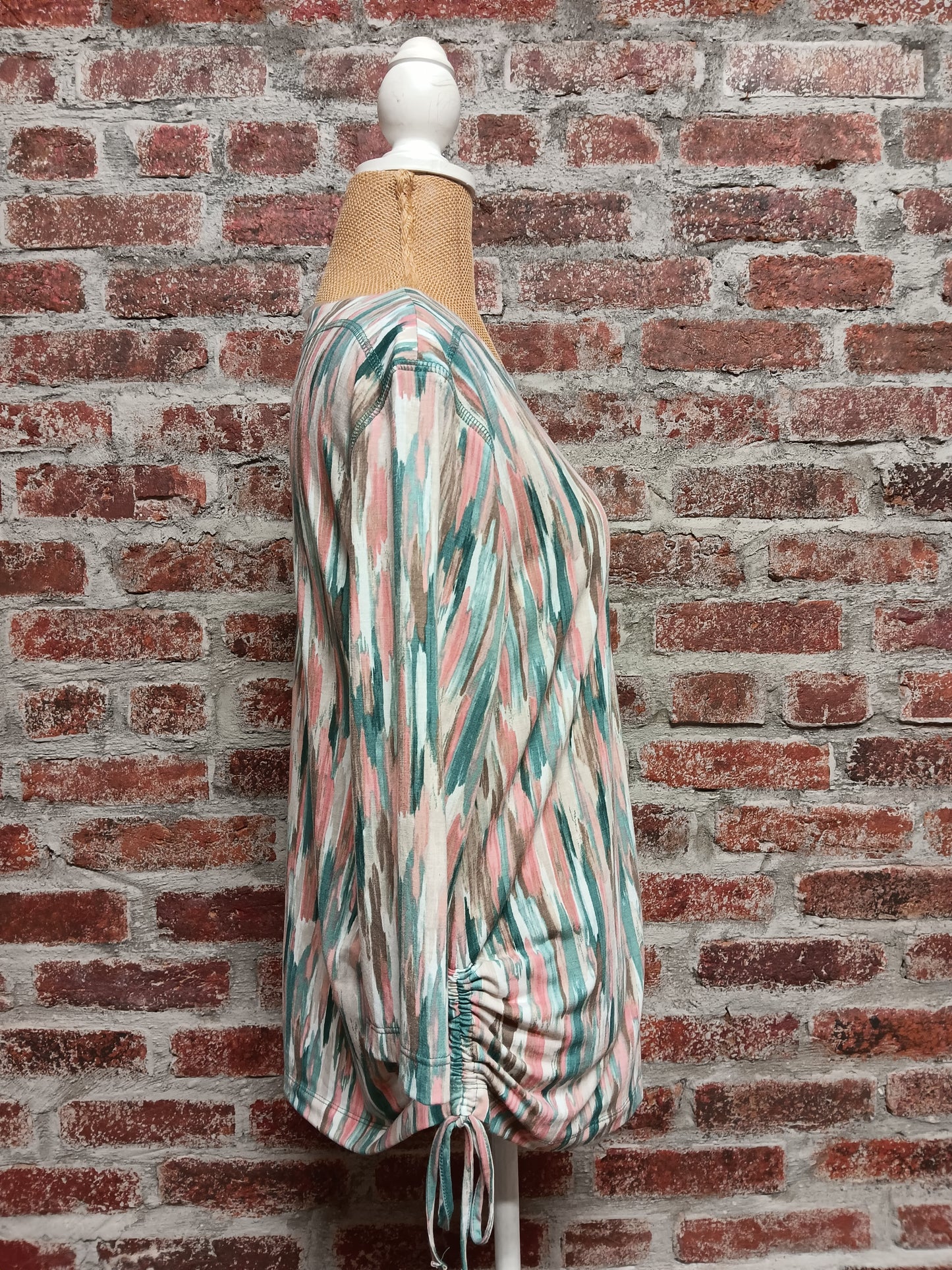 Beige/Pink/Teal Brush Stroke Print 3/4 Tie Up Sleeve Top