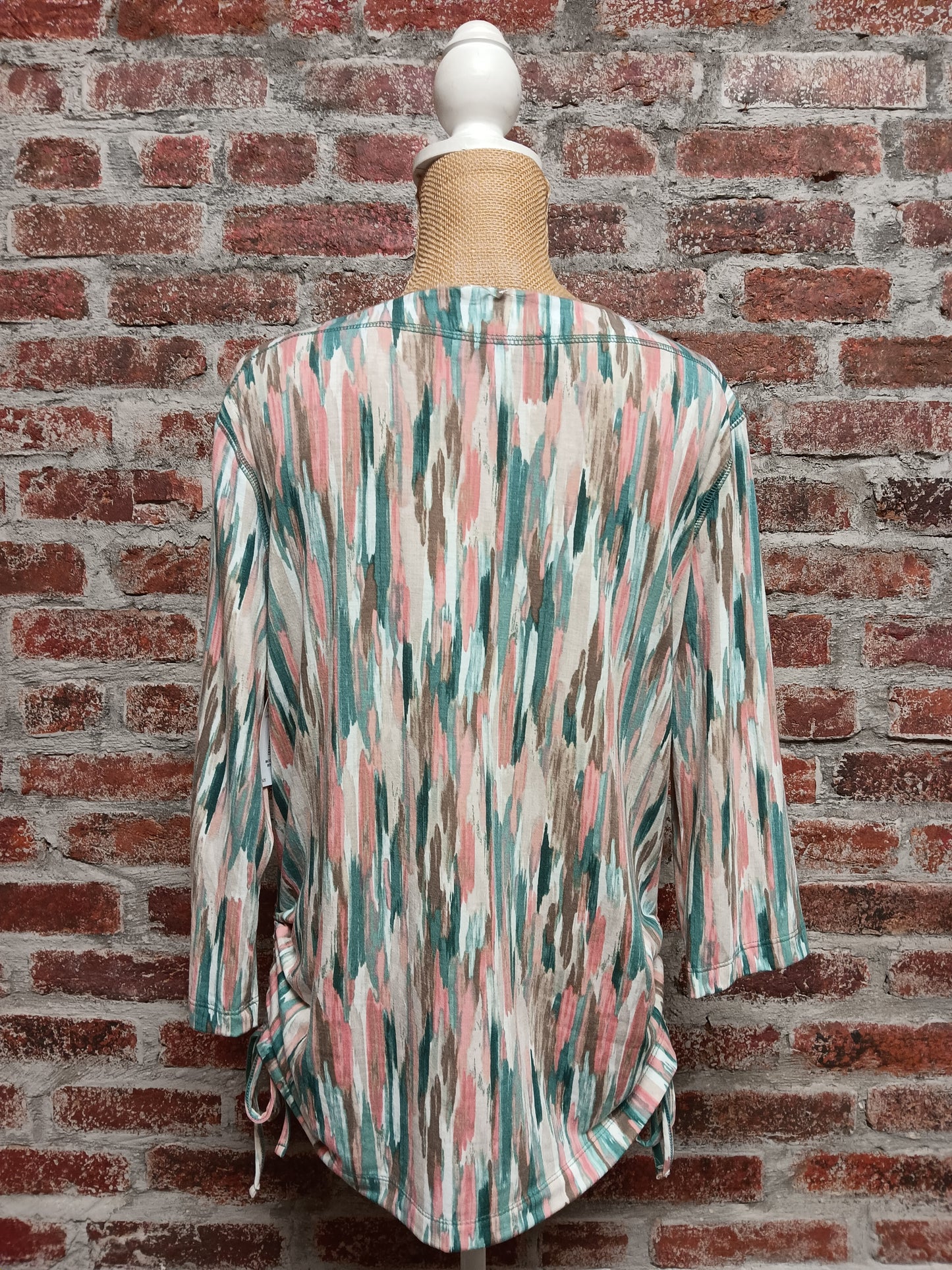 Beige/Pink/Teal Brush Stroke Print 3/4 Tie Up Sleeve Top