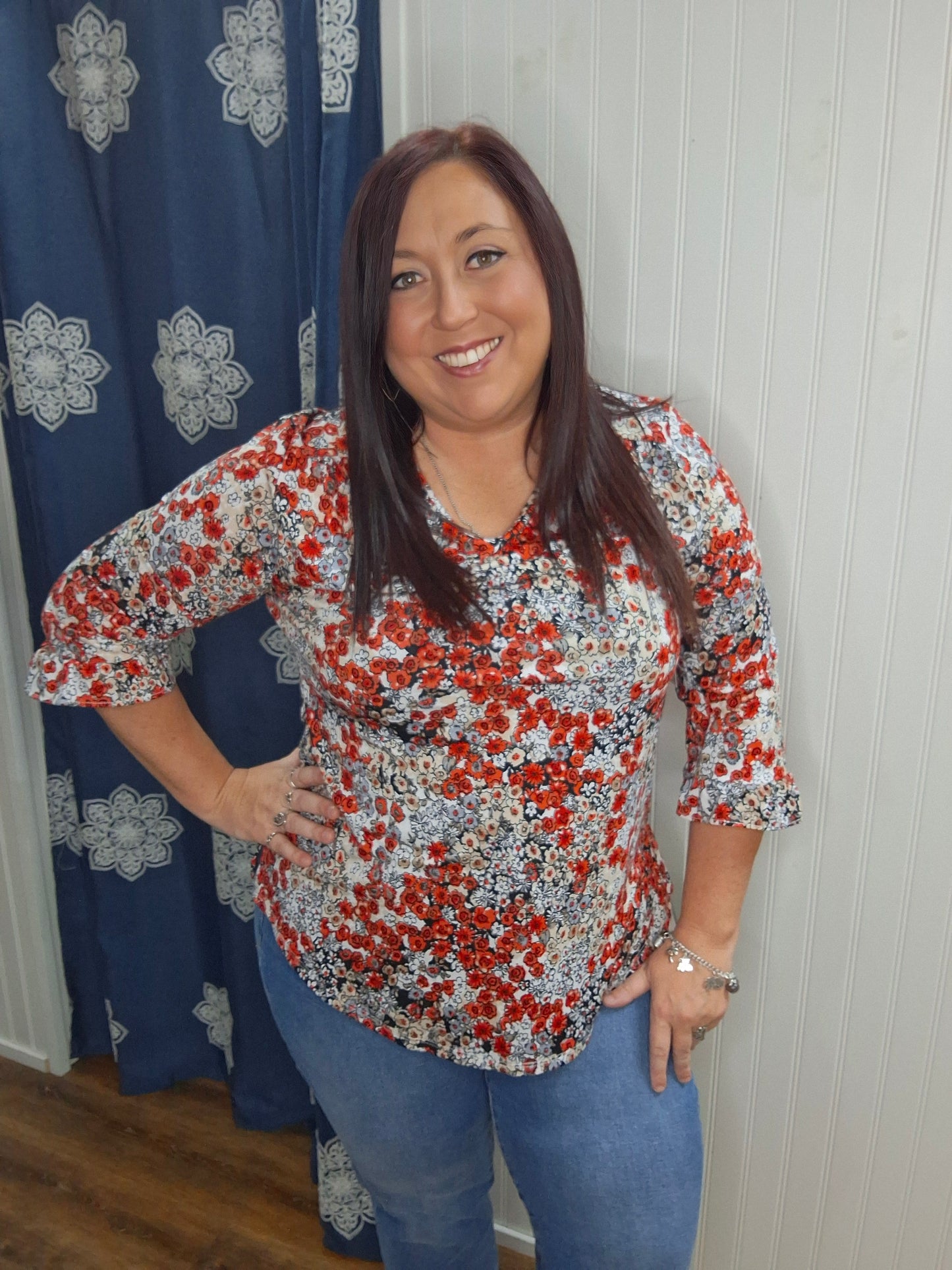 Black/Red Small Floral Print 3/4 Sleeve Top